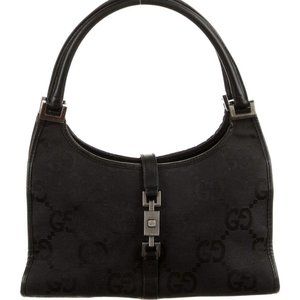 Authentic Gucci GG Jackie Bag Black Canvas Leather Trim Gun Metal Hardware